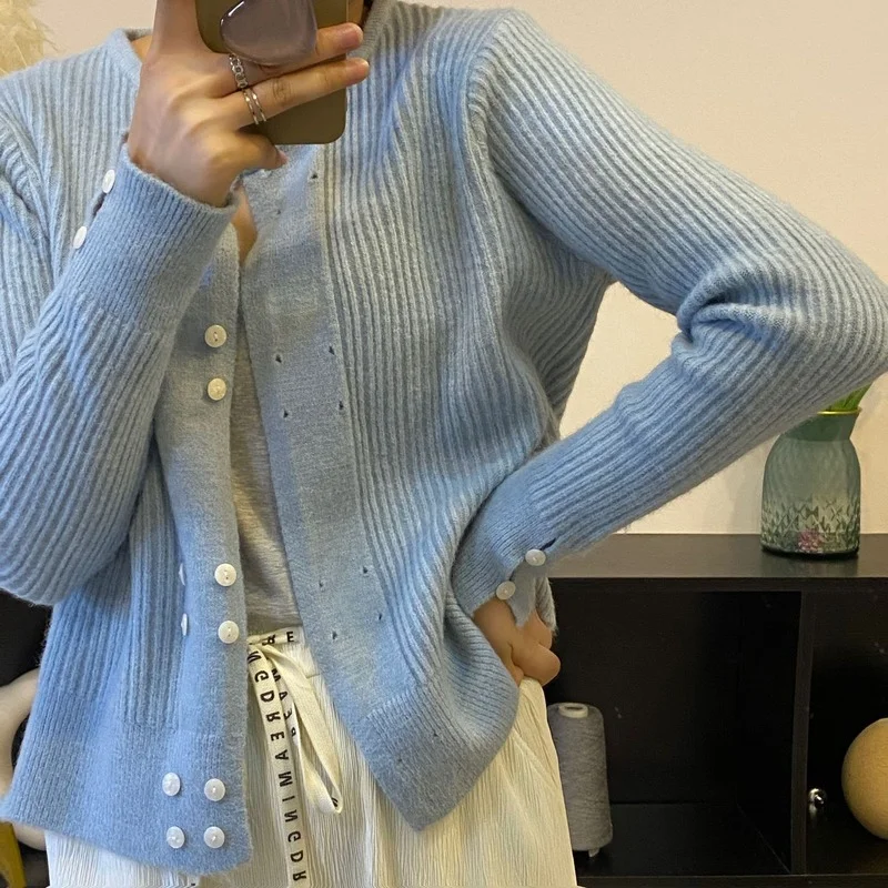 

WDMSNA Korean Fashion Sweters for Women Long Sleeve O-Neck Knitted Cardigan 2022 Autumn New Soft Double Breasted Sweater Coat