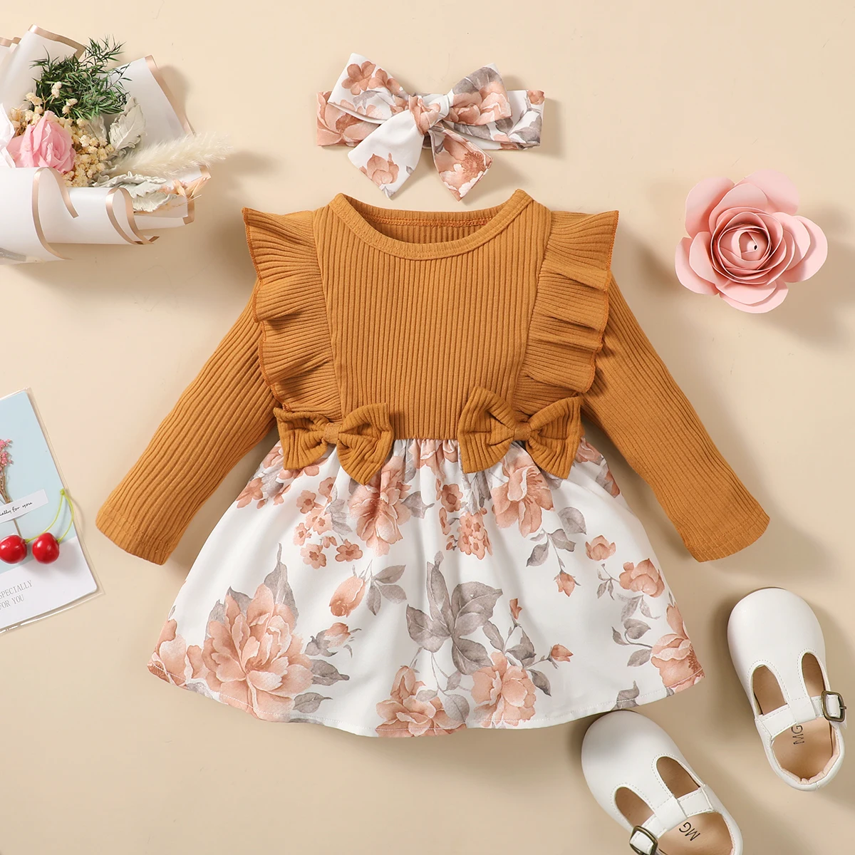 

Toddler Kids Baby Girl Dress Autumn Sweet Dress Bow Headband Long Sleeve Round Neck Ruffled Leaf Patchwork A-Line Baby Dress
