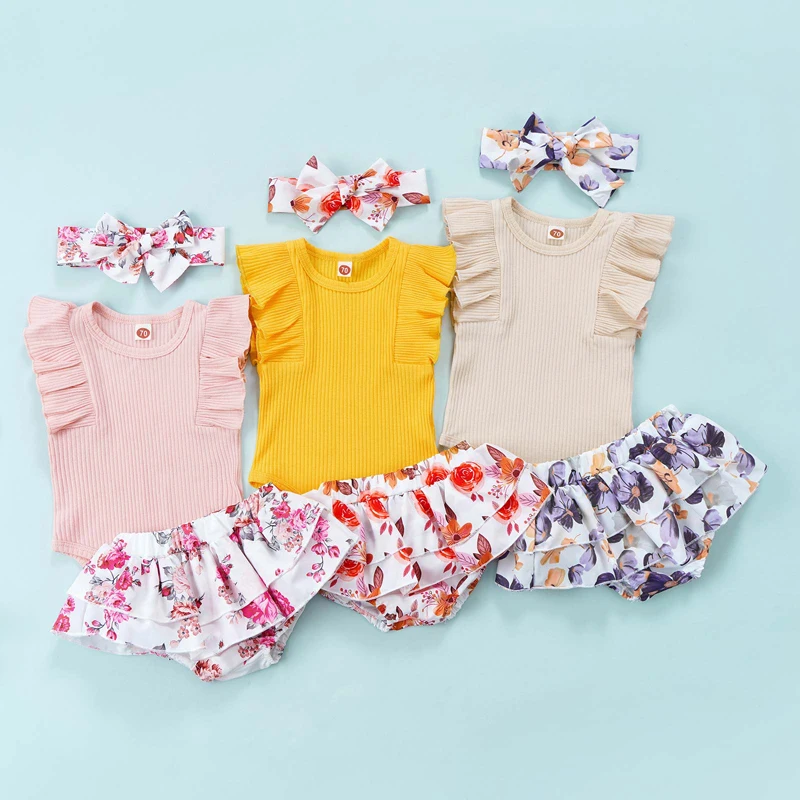 Комплект из 3 предметов для маленьких девочек комбинезон в рубчик без рукавов с