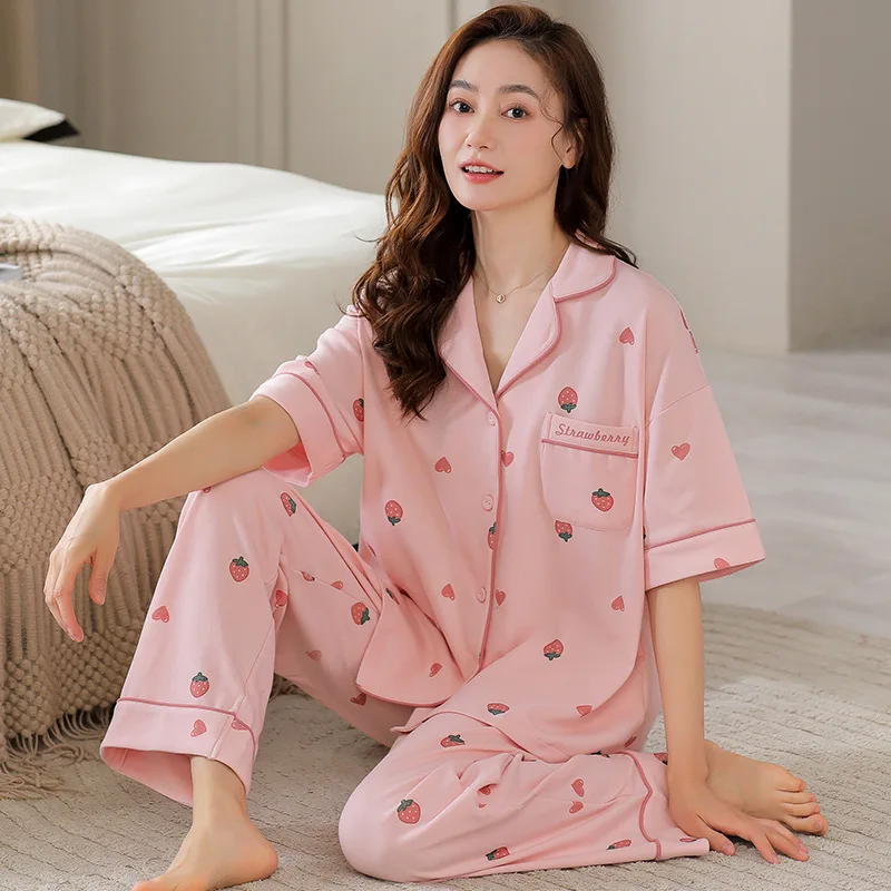 Summer Sleepwear for Women Thin Section Cool Cotton Pajamas Soft and Casual  Short-sleeved Trousers Sweet and Simple Home Suit