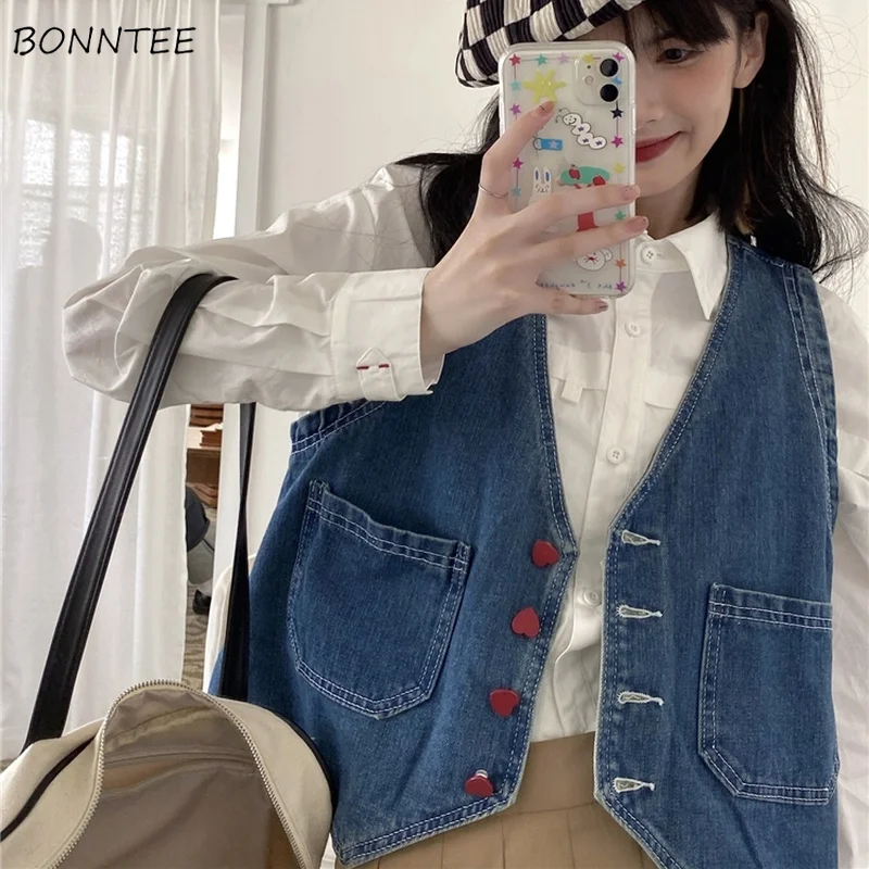 

Denim Vests Women Pockets Crop Design Cool Unisex Retro Streetwear Basic Harajuku Vintage Fashion Gentle Loose Ulzzang Kawaii BF