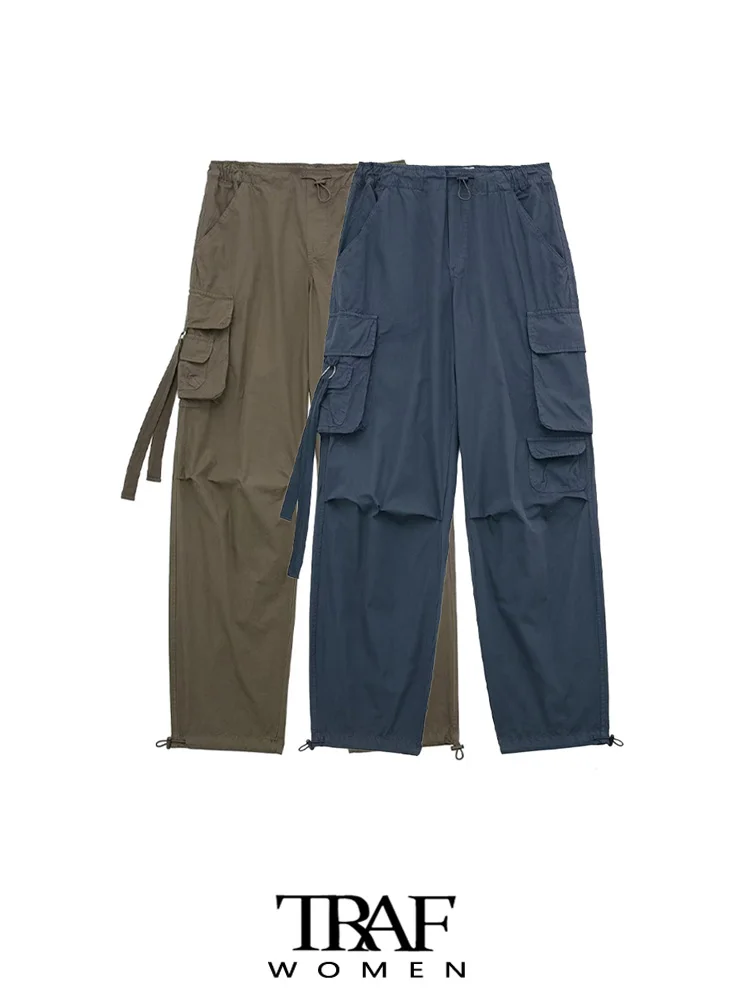

TRAF Women Fashion Multipocket Ruched Cargo Pants Vintage High Elastic Waist With Drawstring Female Trousers Mujer