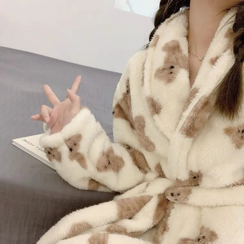 Winter Warm Thickness Pjamas Bathrobes for Women Ladies Cute Bear Robes Coral Velvet Pijama Nightwear Nightgowns Cartoon Mujer