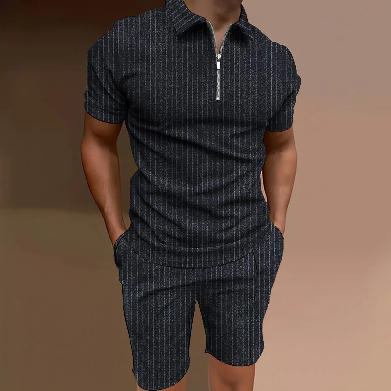 Men's Activewear Solid Color Short Sleeve Zip Lapel Polo Shirt and Shorts Set Men's Casual Streetwear 2 Piece Summer 2023