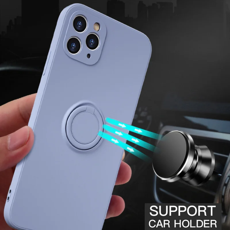 For iPhone 12 Pro Max Ring Case Liquid Silicon Square Cover for iPhone 11 13 14 X Xs Max 7 8 Plus SE 2 Magnetic Car Holder Stand