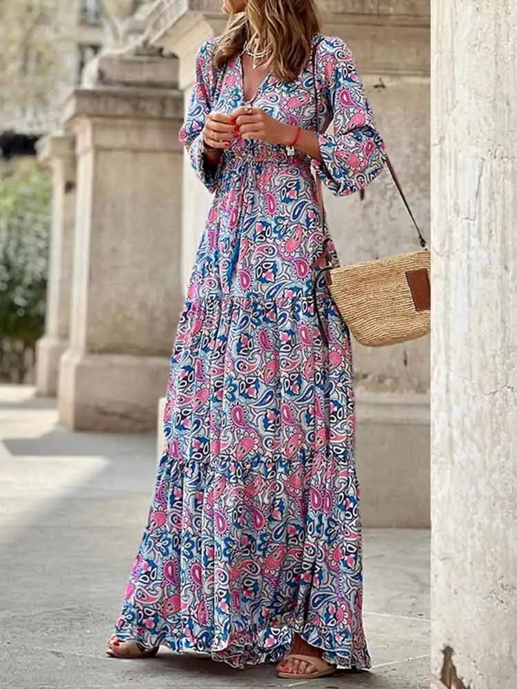 Платье женское длинное с V-образным вырезом Модный повседневный пляжный сарафан