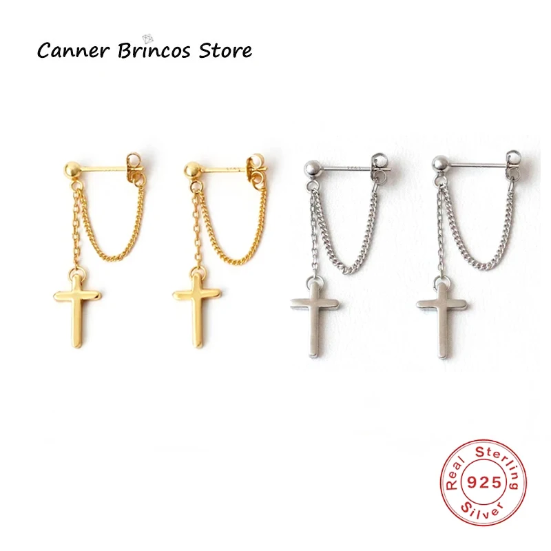 

CANNER 925 Silver Stud Earring Tassel Chain Cross Female Pierced Temperament 2022 Fashion Bead Design Earrings For Women Girl
