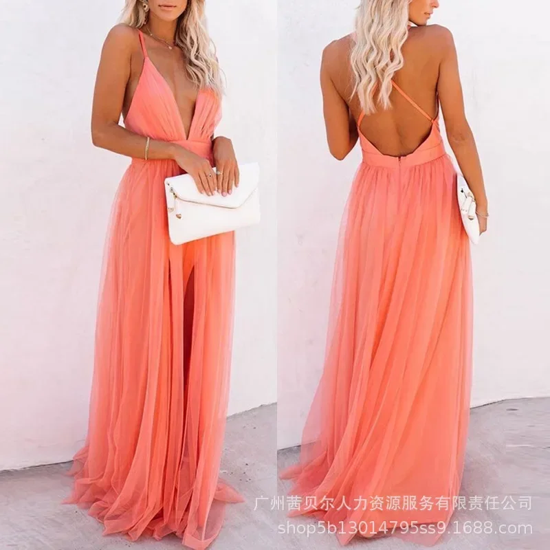 damska wieczorowa wysoka talia długość do podłogi seksowna sukienka pomarańczowa bez rękawów z gazy długa