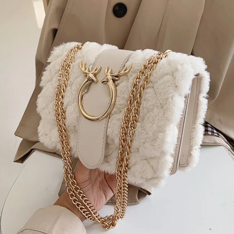 

Female Winter Soft Plush Fur Designer Handbag Deer Lock Chain Shoulder Bag sMessenger Crossbody Bags For Luxury Women Bolsa