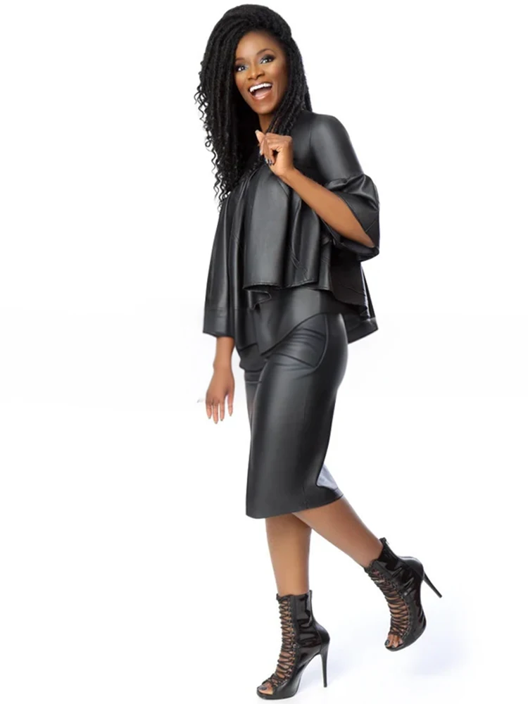 Женская черная матовая кожаная юбка-карандаш с завышенной талией