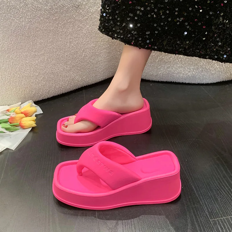 2023 Summer Thick Sole Wedges Flip-Flops Women Chunky Platform Beach Slippers Woman Plus Size 43 Clip Toe Wedge Heeled Sandals