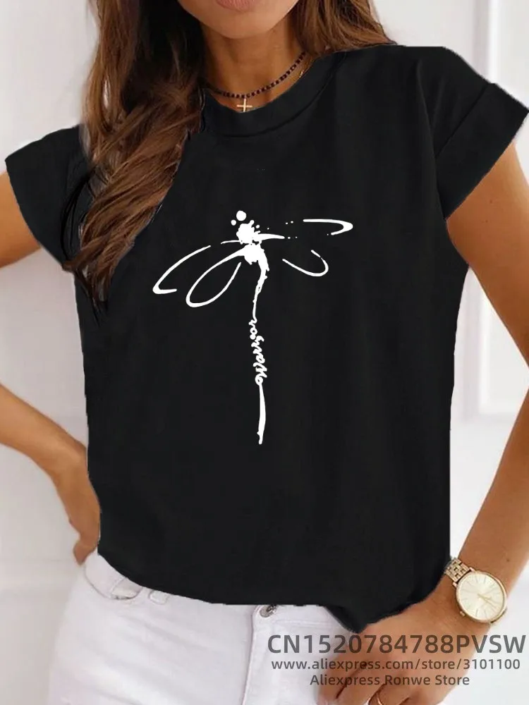 T-shirt d'été décontracté à manches courtes et col rond pour femme - Motif libellule