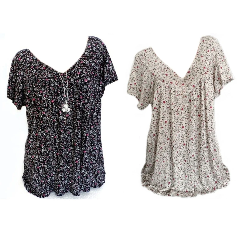 

Summer V Neck T Shirt for Women Short Sleeve Shirts Floral Print Tshirts Blouse