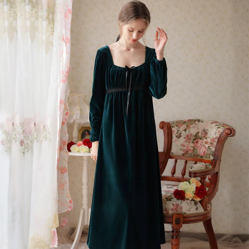 Winter Nightgown Women Velvet Fleece Sleepshirt Long-Sleeve Solid Retro Vintage Nightdress Sleep Dressing Gown Long Home Clothes