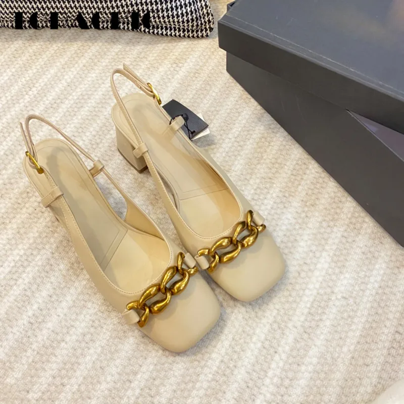 

6.20 High Quality Thick Heel Cowhide Metal Chain Design Square Toe High Heel Temperament Party Sandal Women