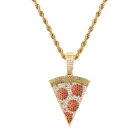 iced out chain pizza pendant necklace 18k gold plated zirconia brass statement necklace for men women gift hip hop jewelry