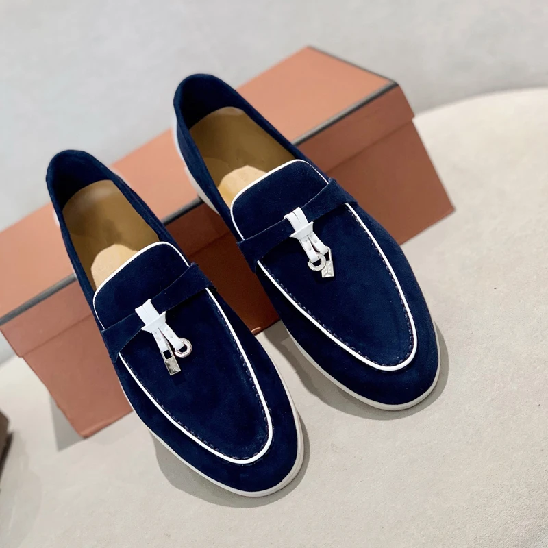2023 Designer Luxury Flat Loafers Suede Leather Shoes Summer Walk Moccasins Shoes Metal Lock Soft Sole Slip On Driving Shoes