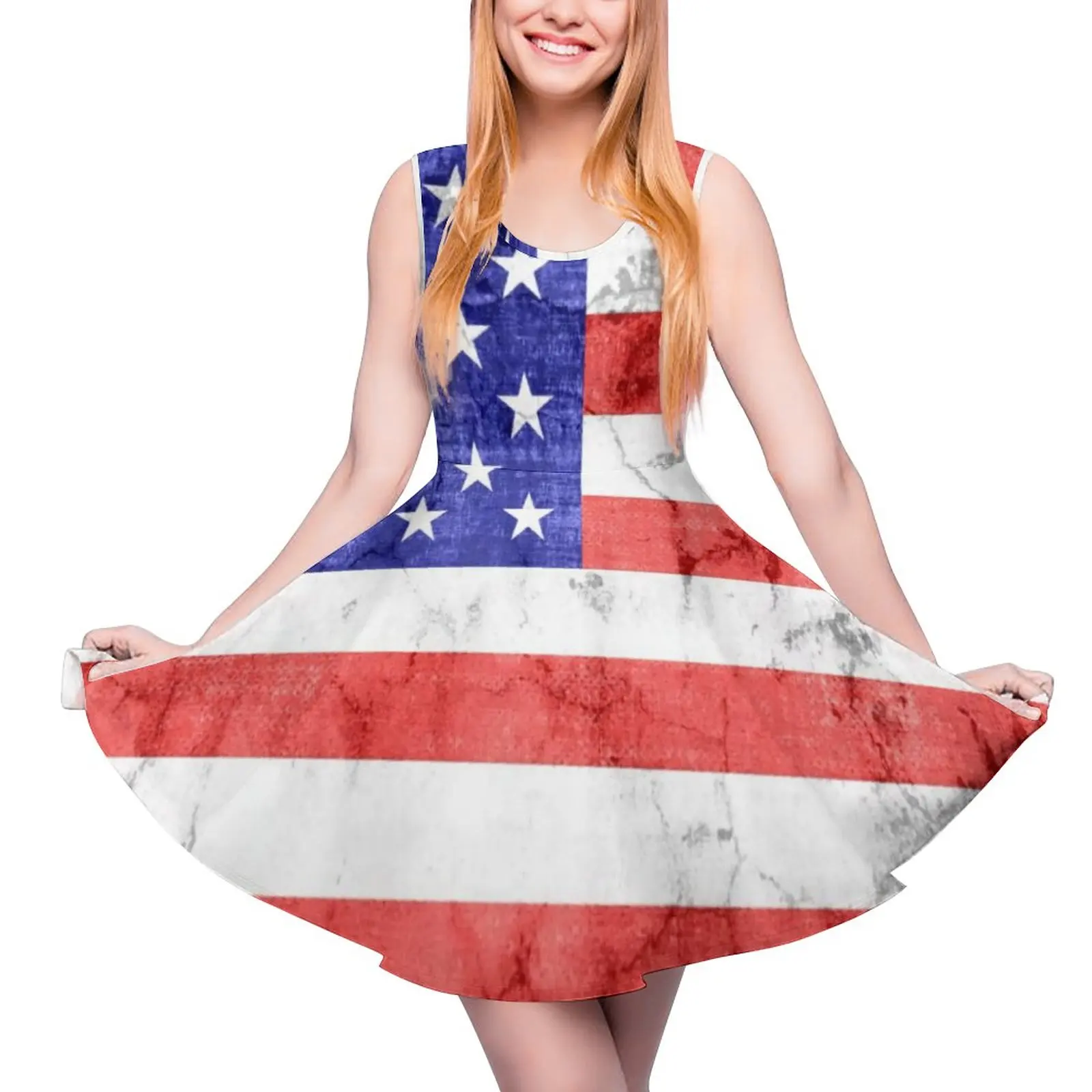 

Vintage USA Flag Dress American Blue Stars Print Casual Dresses Women Vintage Skate Dress Summer Pattern Clothes Large Size