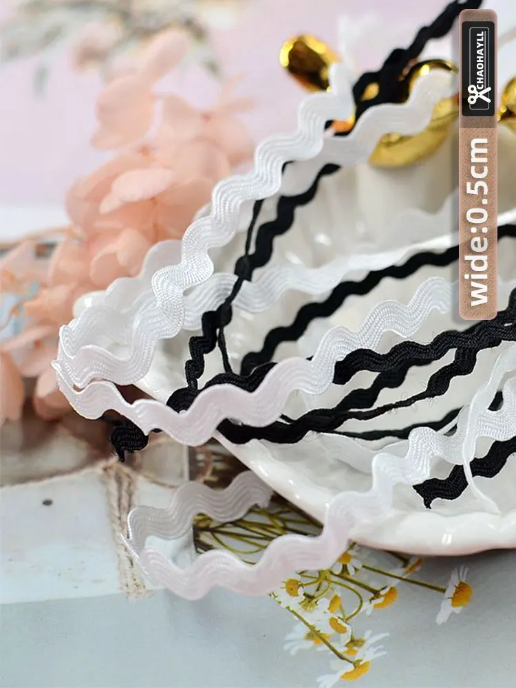 

0.5cm Wide White Black Curve Satin Ribbon Lace Trim for Bows Fringed Needlework DIY Garment Decor Sewing Accessories Crafts Fabr