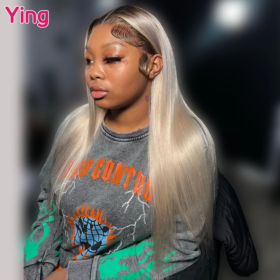 Ying Ash Blonde With Dark Root Straight 13x4 Transparent Lace Front Wigs 180% Brazilian Remy #613 Blonde 13X6 Lace Frontal Wigs