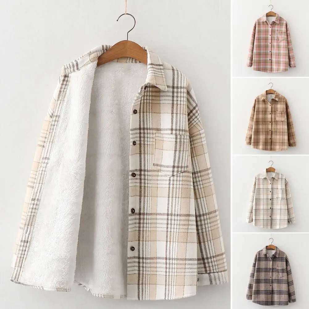 

Thick Velvet Plaid Shirts Women Winter Warm Blouses and Tops New Casual Woolen Shirt Jacket Female Clothes Coat Outwear