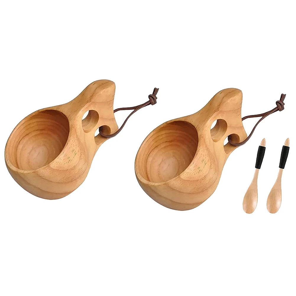 

2 упаковки, деревянная чашка Kuksa в скандинавском стиле, портативная уличная походная кружка для напитков, деревянная кофейная чашка с деревянной ложкой