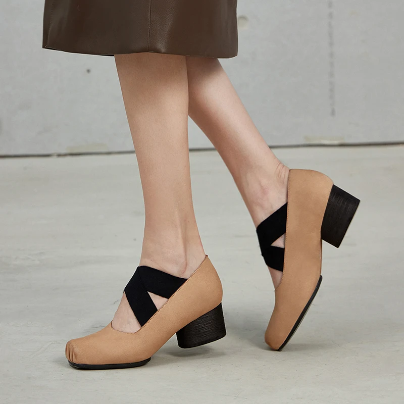 New Vintage Ballet Shoes Pig Nose Chunky Singles For Women Genuine Leather Nubuck 2114