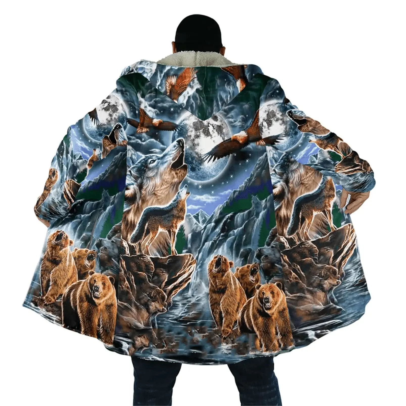 

Men Fleeced Coat Winter Padding Windbreaker Wolf Bear Eagle Parka Zip-up Hoodies Clothing Sweatshirts Outerwear Oversize Tops