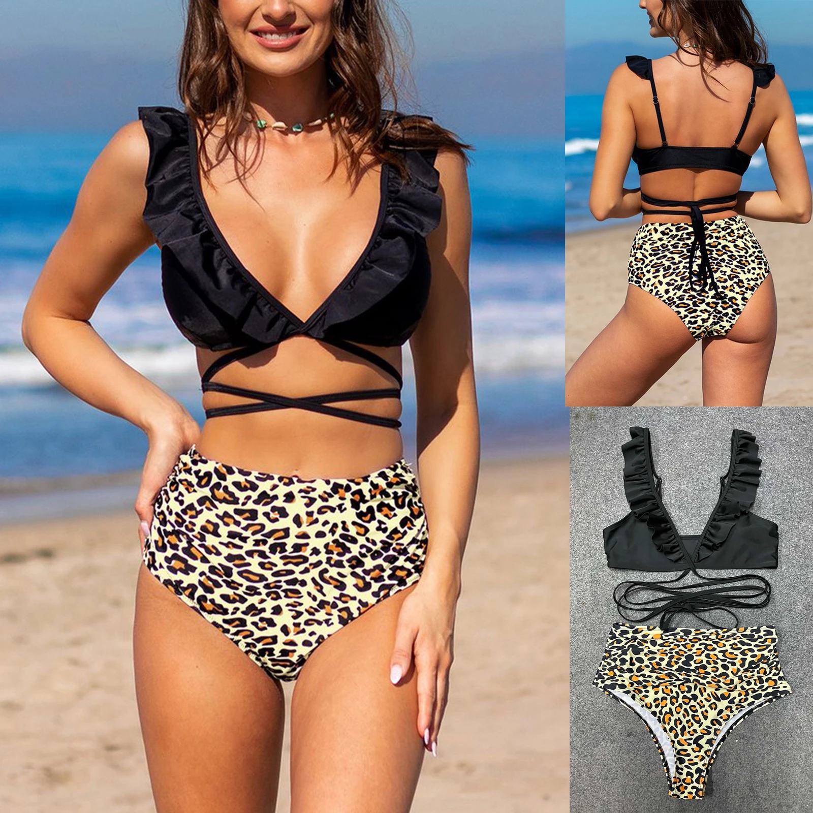 

Пикантные бикини с высокой талией, новинка 2022, купальник с принтом, женский купальник, купальные костюмы с плечами и оборками, пляжная одежд...