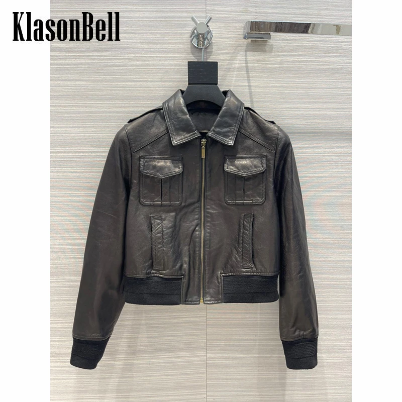 

7.25 KlasonBell Temperament Vintage Moto & Biker Short Sheepskin Genuine Leather Jacket Women