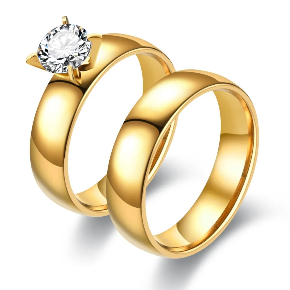 

6mm Couple Ring Simple Fashion Gold Matte Four-claw Zircon Wedding Ring