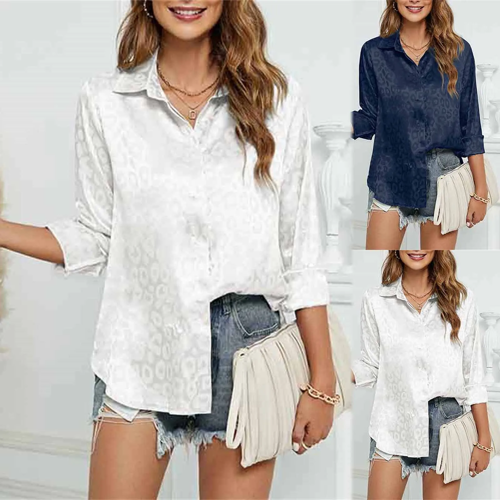 

Satin White Shirts Long Sleeve Sexy Leopard Print Blouse Turn Down Collar Lady Office Shirt Tunic Casual Loose Tops Oversized