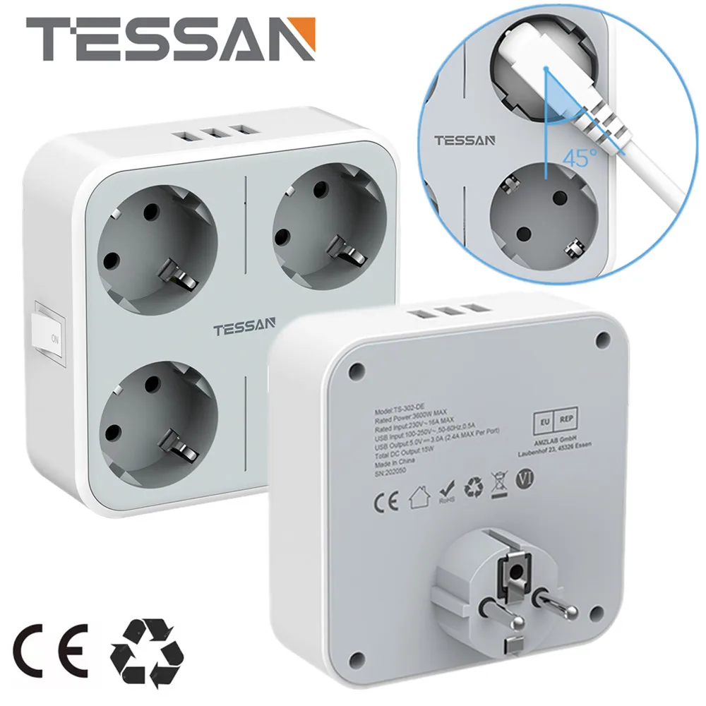 

Удлинитель TESSAN с евровилкой, 4 розетки переменного тока, 3 USB-порта для зарядки