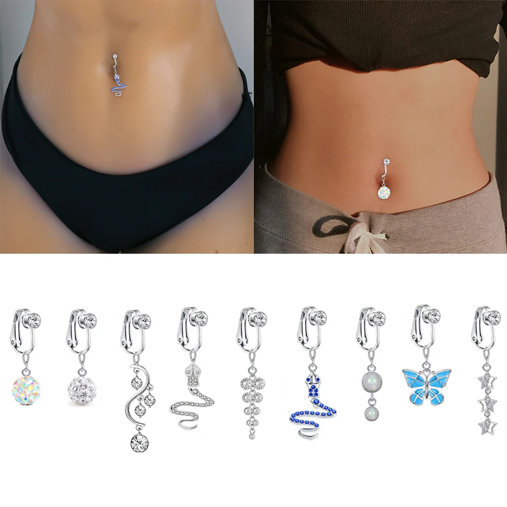 Butterfly Fake Belly Button Ring Moon Fake Belly Piercing Clip On Umbilical Navel Fake Pircing Faux Belly Cartilage Earring Clip