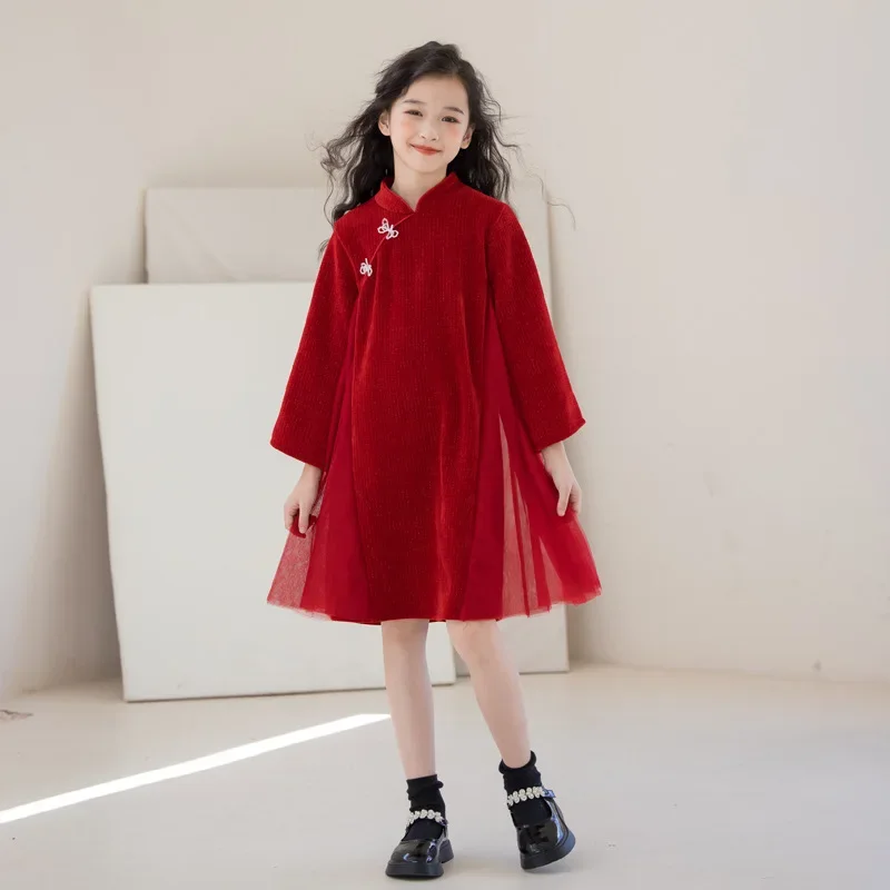 

Детские красные платья в китайском стиле для детей 8-10 лет; Сетчатые юбки Qi Pao; Новогодние вечерние; Детские костюмы; Сезон осень-зима