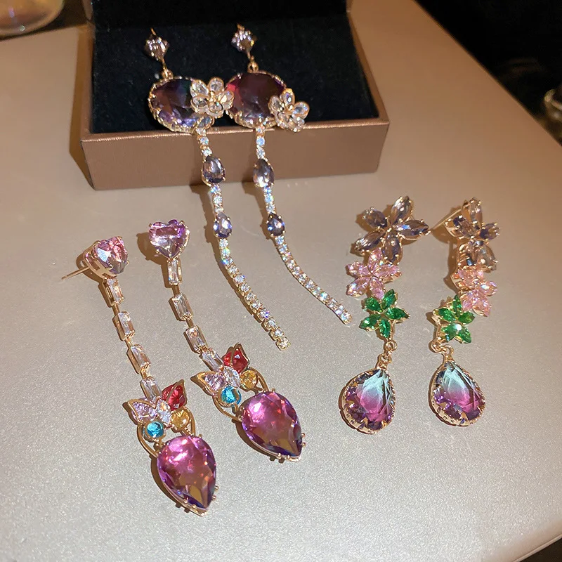 

2023 New Korean Purple Butterfly Flower Long Tassel Earrings Exquisite Elegant Fashion Earrings Women's Jewelry