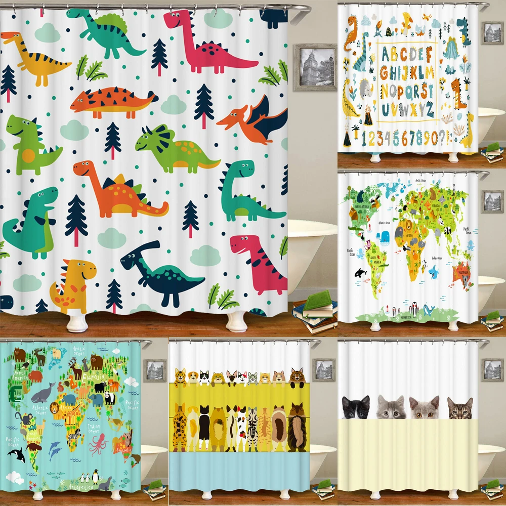

Занавеска для душа с мультяшным динозавром, экран для ванной, Детские занавески из водонепроницаемого полиэстера, украшение для дома с крюч...