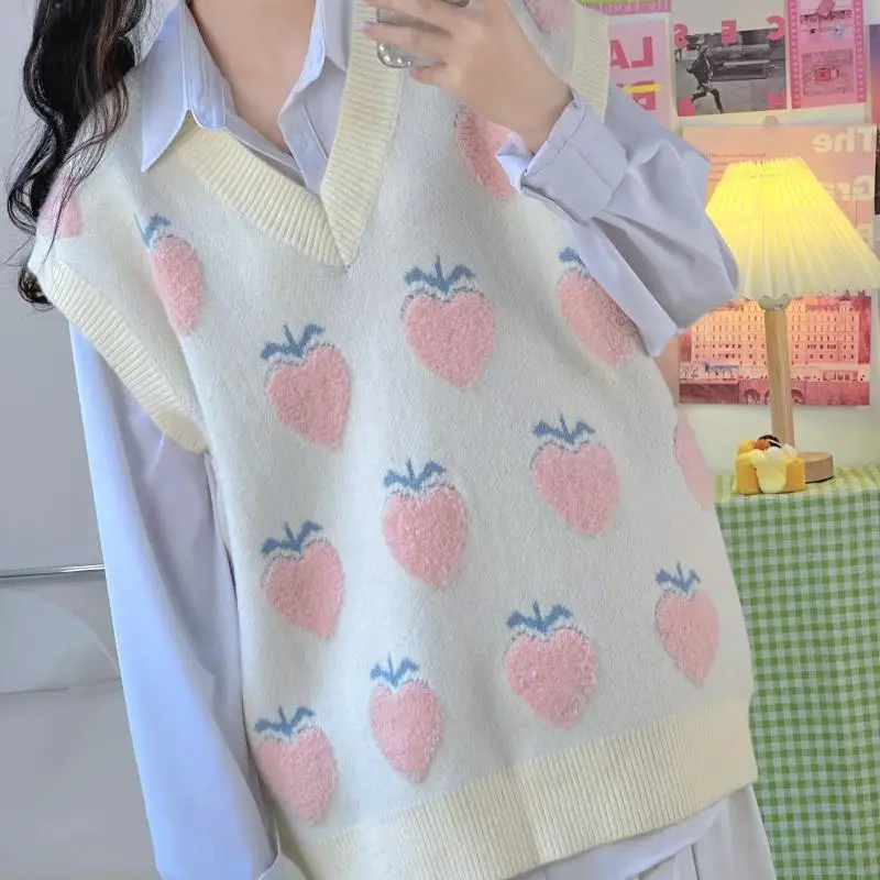 

2022 V-Neck Sleeveless Casual Straight Sweater White Vest Preppy Strawberry Pattern Knit Vest Top Vintage Sweater