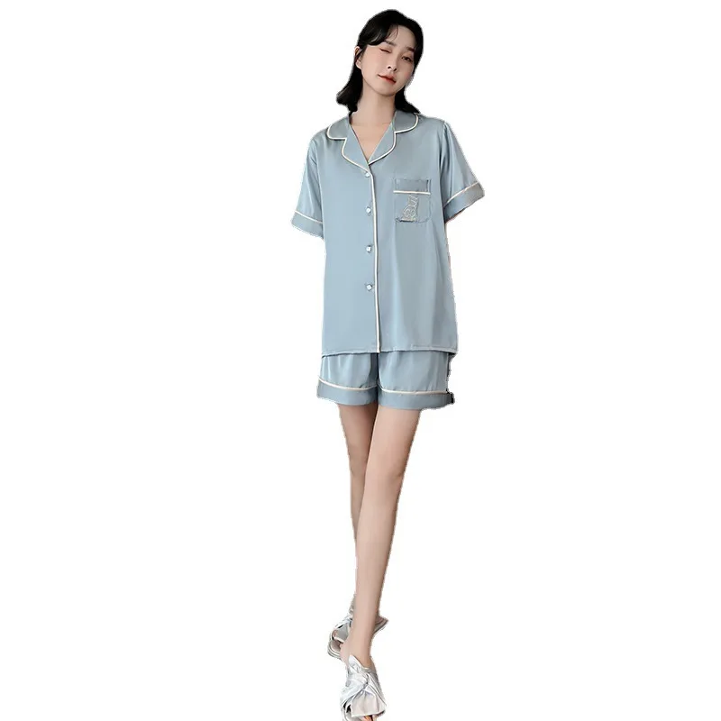 Pajamas Womens Solid Color Thin Short-sleeved Shorts Korean Version of Loose Two-piece Home Suit Breathable and Casual Nightwear