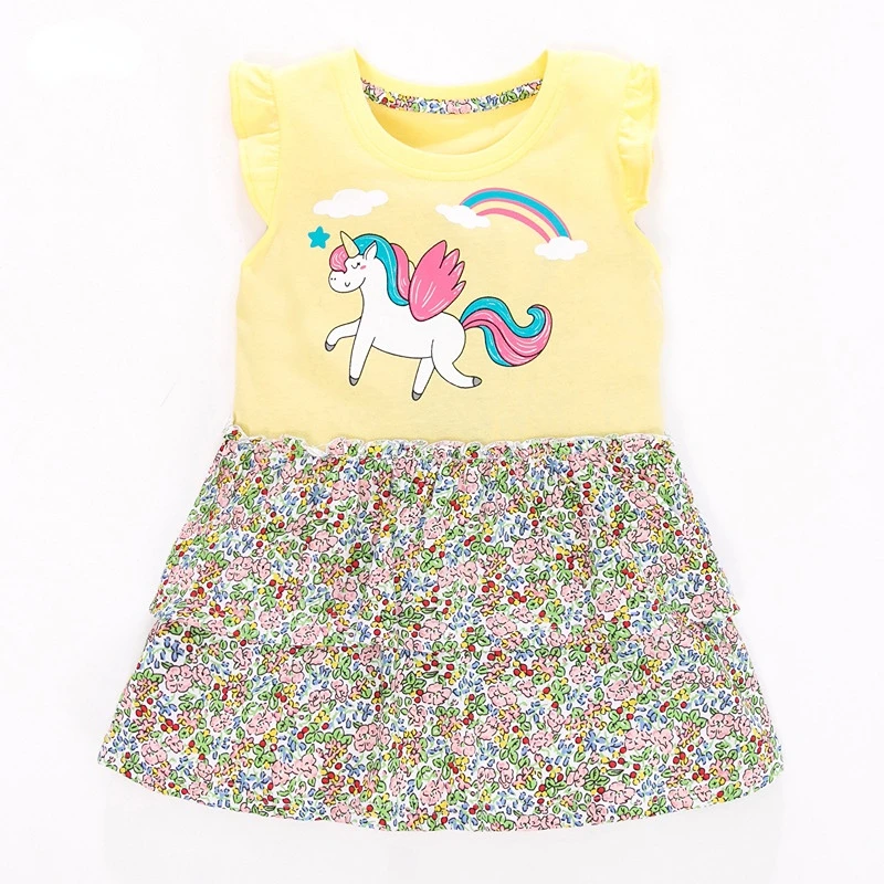 

Летнее платье для маленьких девочек 2022, милые платья с принтом единорога, для маленьких детей, детская повседневная одежда с красивыми цвет...
