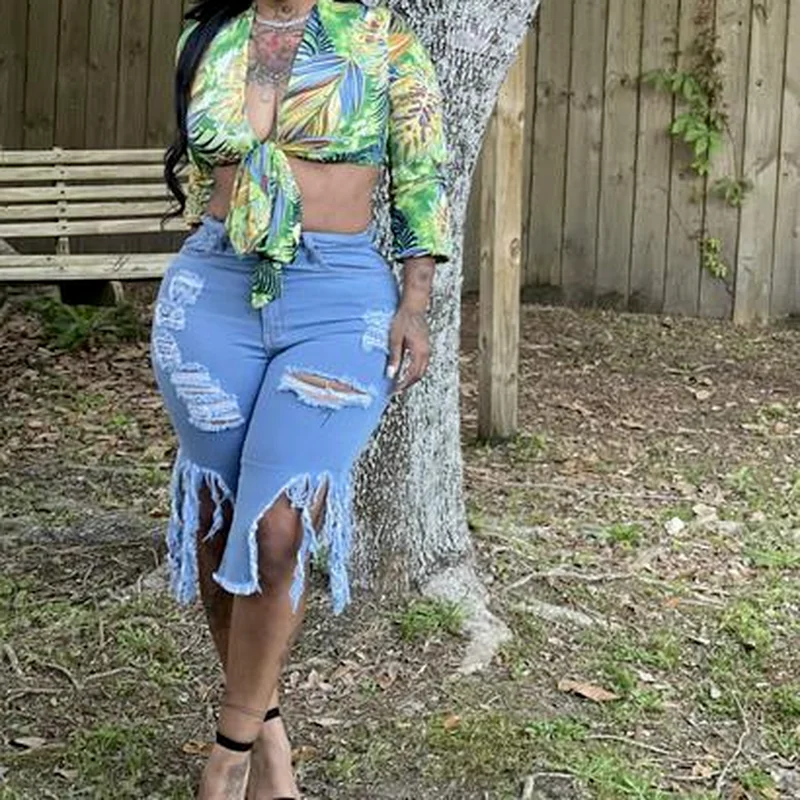 Sexy Women Jeans Hole Ripped Tassle Low Waist Elastic Flare Knee Length Denim Pants indie Fashion High Street Trousers 2023