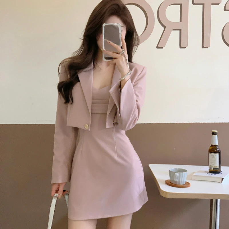 

2 Piece Dress Set Women Y2k Crop Top Blazers + Mini Strap Dress Office Lady Korean Clothes Elegant Short Party Dress 2022 Autumn