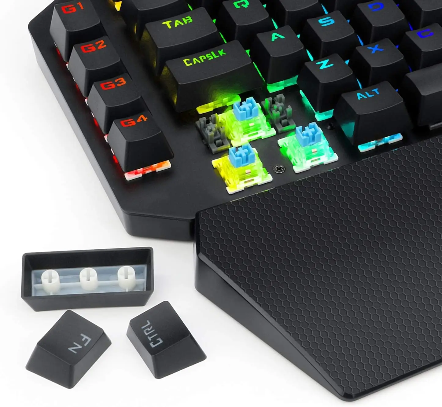 HUO JI Механическая игровая клавиатура для одной руки, проводная, RGB светодиодная подсветка, съемная подставка для запястий, съемный кабель типа C, металлическая панель, (art.: 3920cd3bd00ff) - 3920cd3bd00ff