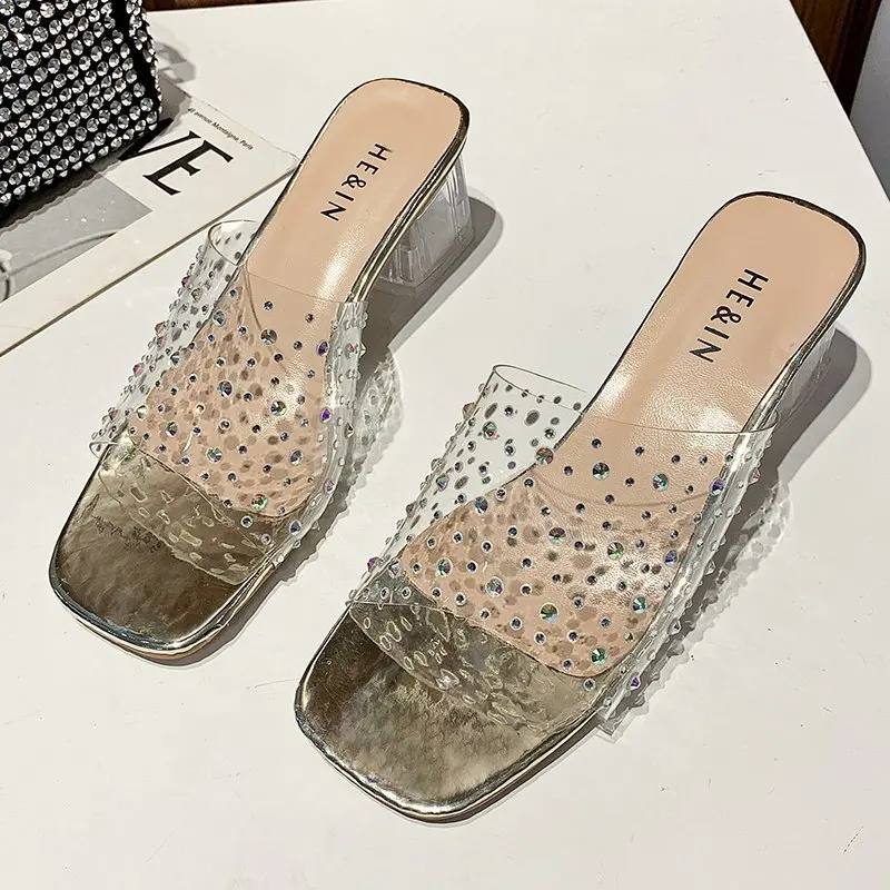 

2022 Fashion Transparent Rhinestone Slippers Women Sexy High Heels Square Toe Ladies Shoes Shallow Sandals Slippers Women