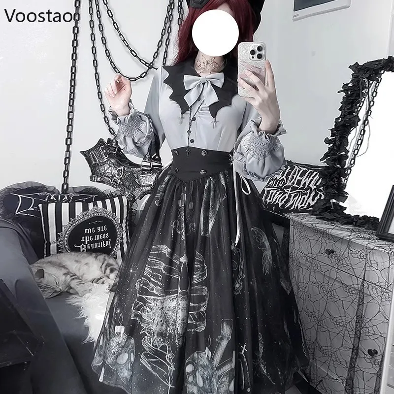 Женский винтажный комплект из юбки и рубашки с длинным рукавом