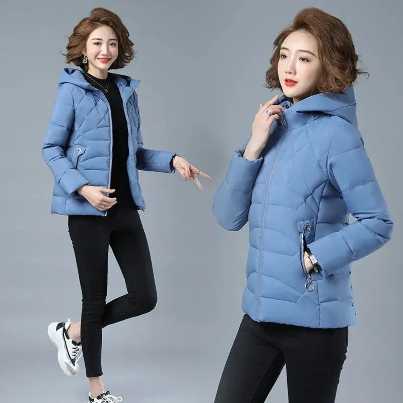 Short Women's Parka 2022 New Autumn Winter Padded Jackets Slim Waist Long Sleeve Hooded Collar Zipper Warm Casual Down Coats Top