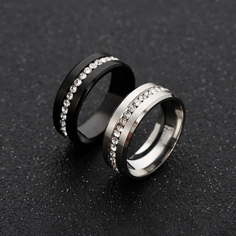 

8MM Wide Single Row Full Diamond Zircon Ring Electroplated Black Stainless Steel Pair Ring New Simple Couple Wedding Ring