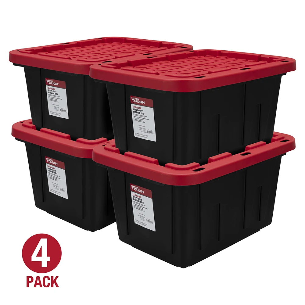 

Hyper Tough - 12 Gallon Snap Lid Storage Bin, Black/Red Lid, Set of 4