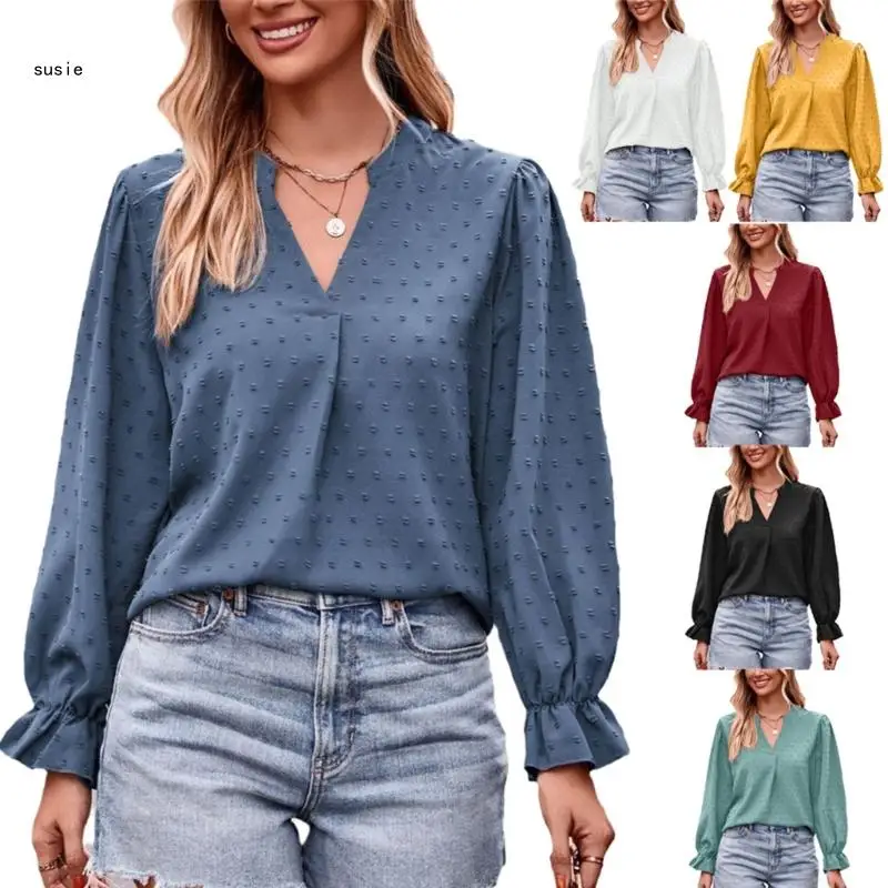 

X7YA Jacquard Shirt for Woman V Neck Solid Color Shirt Summer Shirt Long Sleeve Top