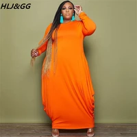 hljgg plus size loose stacked dresses women long sleeve round neck maxi dress casual solid color streetwear 2022 fall clothing